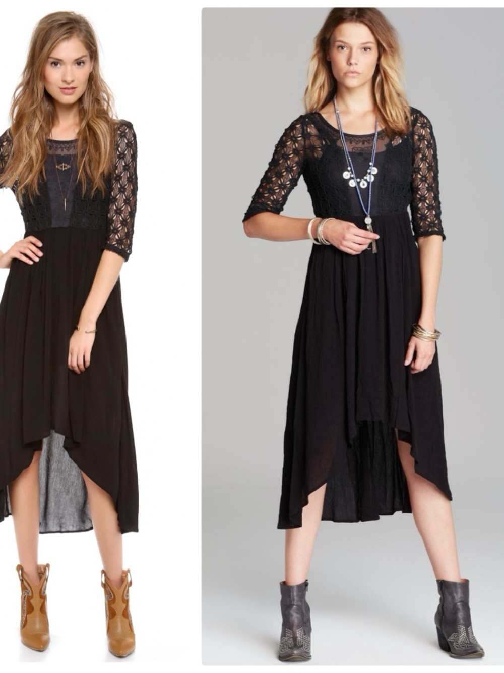Free People lonesome dove crochet topstitched Georgette sheer dress black 0 nwt